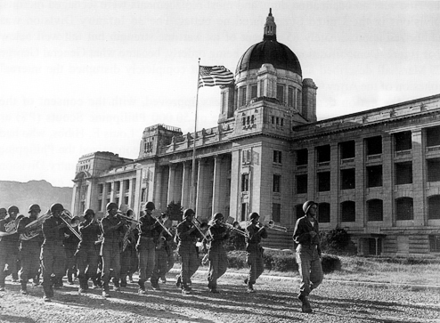 Picture - 7th Infantry Division Band on the capital grounds of Seoul, Korea, 1945