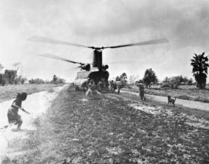CH-47 CHINOOK DELIVERING CAPTURED RICE IN REPUBLIC OF VIETNAM CONTROLLED RURAL AREA