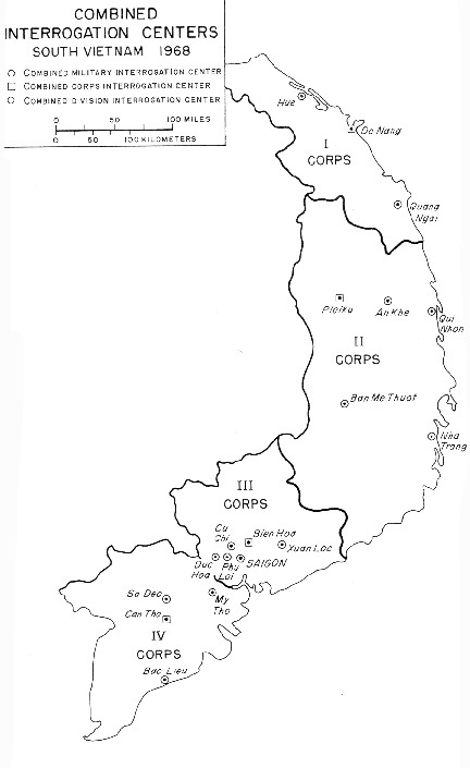 Map showing Combined Interrogration Centers, South Vietnam 1968