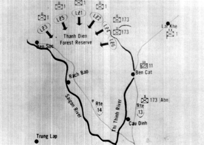 Map: WHILE THE 11TH ARMORED CAVALRY DROVE WEST, THE 1ST DIVISION AND 173D BRIGADE WERE AIRLIFTED INTO LANDING ZONES around the edge of the Thanh Dien Forest Reserve at the northern flank of the Iron Triangle.