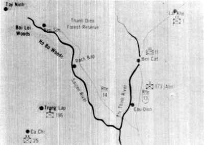 Map: WITH THE MOVEMENT OF THE 196TH LIGHT INFANTRY BRIGADE FROM TAY NINH TO TRUNG LAP and with the positioning of the 196th and the 25th Division near the Saigon River and the Ho Bo Woods, the anvil or blocking force for Cedar Falls was ready. 
