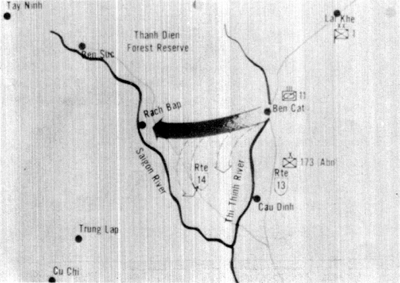 Map: THE HAMMER OR STRIKING FORCE OF OPERATION CEDAR FALLS, the 1st Division and elements of the 11th Armored Cavalry Regiment and 173d Brigade, struck on 9 January with the armor element driving west.