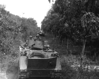 PICTURE - M113'S AND M4SA3 TANKS DEPLOY BETWEEN JUNGLE AND RUBBER PLANTATION IN OPERATION CEDAR FALLS