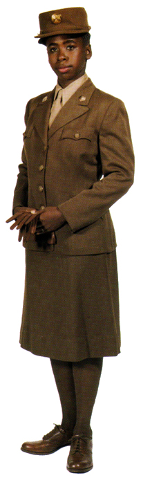 Plate 1. Enlisted woman in the winter service uniform (1942-1951), a dark olive-drab wool material with matching service cap (the "Hobby Hat"). Officers wore the same uniform