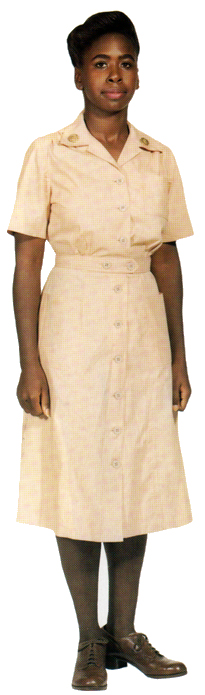 Plate 11. Enlisted woman in the hospital duty dress (1945-1962), a rose-beige (later tan) lawn cotton material, worn with matching garrison cap. This uniform was not worn by officers. 