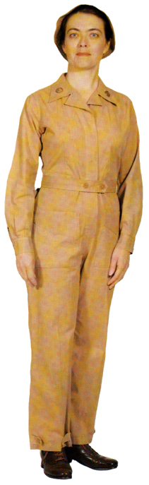 Plate 12. Enlisted woman in the one-piece work suit or coverall (1942-1943), a khaki cotton material. This uniform was worn by officers only during unusual circumstances.