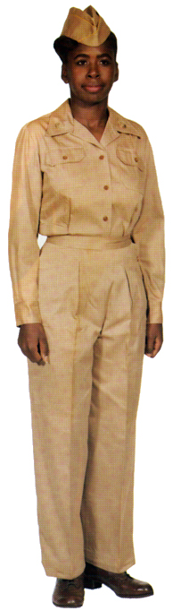 Plate 14. Enlisted woman in the hot weather field uniform (1943-1954), a khaki cotton poplin material. This uniform was also worn by officers under some circumstances.