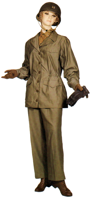 Plate 15. WAC officer in the winter field uniform (1944-1954), consisting of olive-drab slacks, wool shirt (worn open or closed) and field jacket worn with a wool serge garrison cap. Helmet liners and helmets were worn on field exercises, during alerts, or while working in hazardous areas. Enlisted women also worn this uniform.