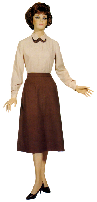 Plate 18. Enlisted woman in the cotton shirtwaist (1951-1960), worn with the wool taupe service uniform and the work uniform (HBTs).