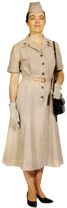 Plate 19. Enlisted woman in the summer cotton dress (1951-1959), worn with matching garrison cap, cafe brown pumps or oxfords, tan cotton gloves, and cafe brown handbag with strap worn over the left shoulder. Officers also wore this dress.