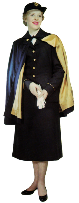 Plate 25. Enlisted woman in the Army blue uniform (1957-present), a wool barathea material, worn with black accessories. This uniform was also worn by officers.