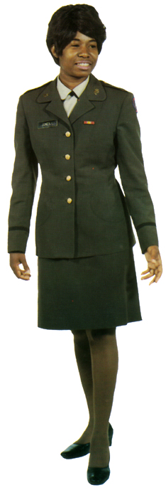Plate 28. WAC officer in the Army green service uniform (1960-1981), a wool serge skirt, jacket, garrison cap and hat. In 1966, in addition to the wool service uniform, enlisted women were issued a tropical worsted uniform, making this a year-round uniform.