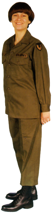 Plate 34. Enlisted woman in the hot weather field uniform (1969-1981), olive-green cotton poplin shirt and slacks worn with a utility cap. Officers also wore this uniform.