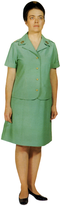 Plate 42. Enlisted woman in the mint green summer uniform made of a polyester knit material (1975-1985). A long or short-sleeved jacket was worn with this uniform.