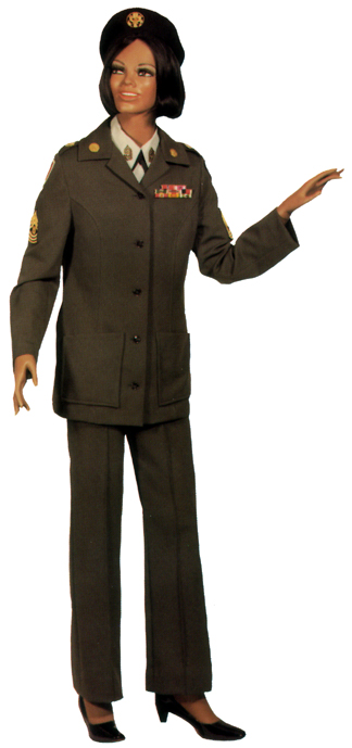 Plate 43. Enlisted woman in the Army green pantsuit issued in 1976 to women who performed military police duties and in 1977 to all enlisted women. The jacket and slacks were of a polyester wool gabardine. A white shirt with black necktab or a rib-knit gray-green turtleneck tunic was worn with this uniform. Officers also wore this uniform.