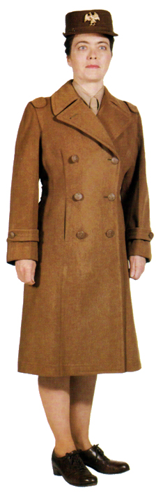 Plate 9. WAC officer's overcoat (1942-1951), an olive-drab wool doeskin cloth. Enlisted women wore the same style coat in a wool serge cloth without the shoulder tabs.