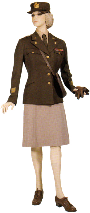 Plate 7. Officer in the semi-dress uniform called the "pinks and greens" uniform (1942-1954), a dark olive-drab elastique wool material for the jacket and a light drab wool skirt. Enlisted women did not wear this uniform.