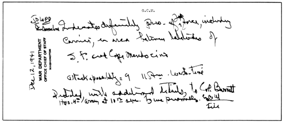 A WARNING FROM THE CHIEF OF STAFF. In this penned memorandum to the War Plans Division General Marshall reported his telephone conversation on 12 December 1941 with Fourth Army Headquarters at San Francisco, warning against a possible attack (which did not come to pass) by a rumored Japanese raiding force. The typewritten transcript, with file number, was made for War Plans Division records.