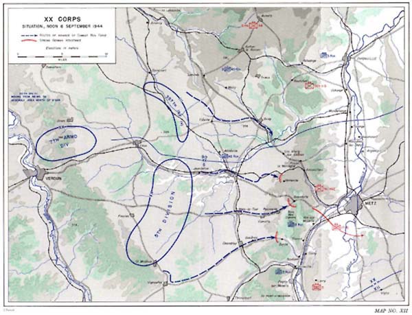 Map XII: XX Corps, Situation, Noon, 6 September 1944.