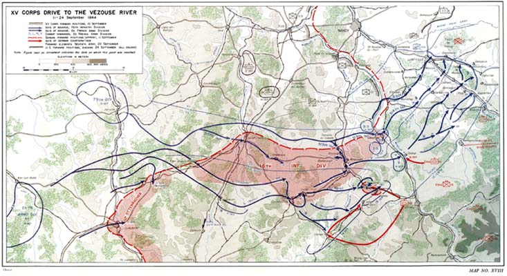 Map XVIII: XV Corps Drive to La Vezouse River, 11-24 September 1944.