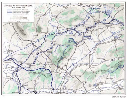 Map XXVIII: Advance in 35th Division Zone, 8-15 November 1944.