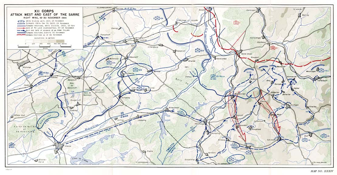 Map XXXIV: XII Corps, Attack West and East of the Sarre, Right Wing, 18-30 November 1944.