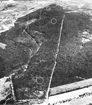 Photograph: Bois De Feves Ridge. Circles indicate position of Canrobert forts.