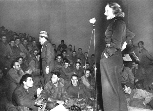 Photograph: Marlene Dietrich, entertaining front-line soldiers of the Third Army.