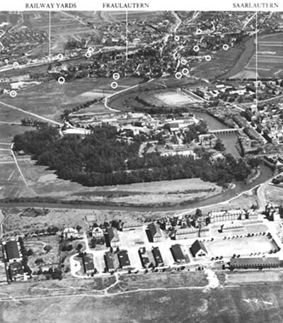 Photograph: Saarlautern. The area shown in the photograph is indicated on Map XXXVII. Circles indicate pillboxes.