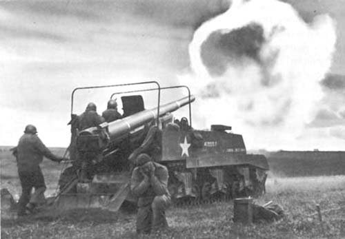 Phtograph: Long Tom Mounted On Sherman Tank Chassis. This 155-mm. gun was one of many that concentrated on targets across the Moselle before the assault.