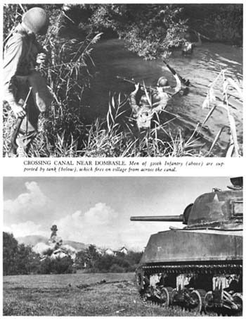 Photograph: Crossing Canal Near Dombasle. Men of 320th Infantry (above) are supported by tank (below), which fires on village from across the canal.