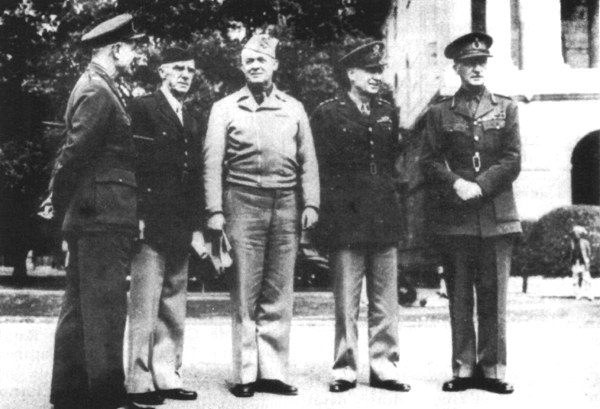 HIGH-RANKING TRIO IN NEW DELHI, India, for a preliminary conference with Field Marshal Sir Archibald P. Wavell, left, and Lt. Gen. Joseph W. Stilwell. Members of the mission are General Arnold, center, Lt. Gen. Brehon B. Somervell and Field Marshal Sir John Dill, right. 