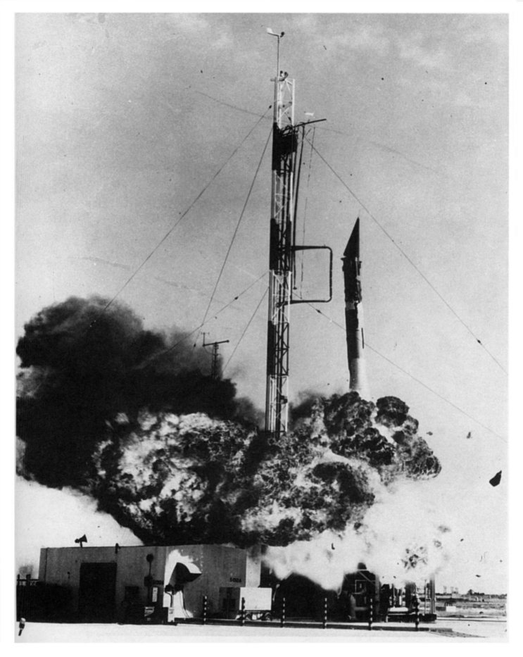 photo of Vanguard rocket collapsing in flames and smoke on the launch pad