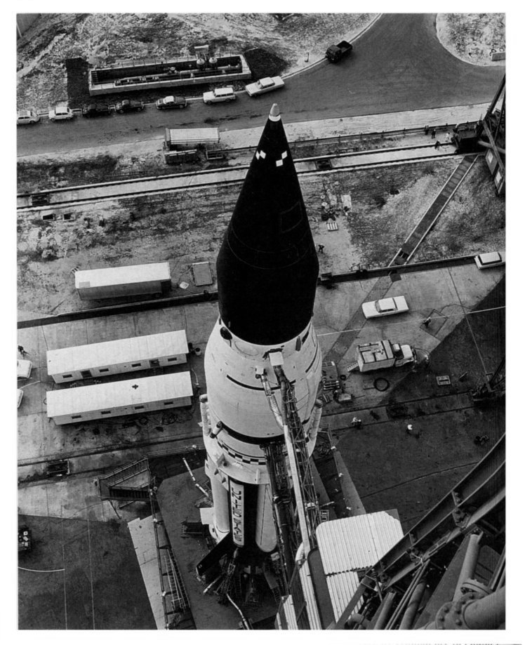overhead view of a massive Saturn 1 rocket on the launch pad