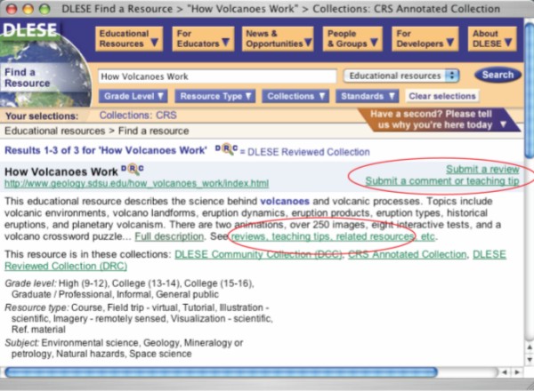 screen shot of the DLESE Discovery System resource description page
