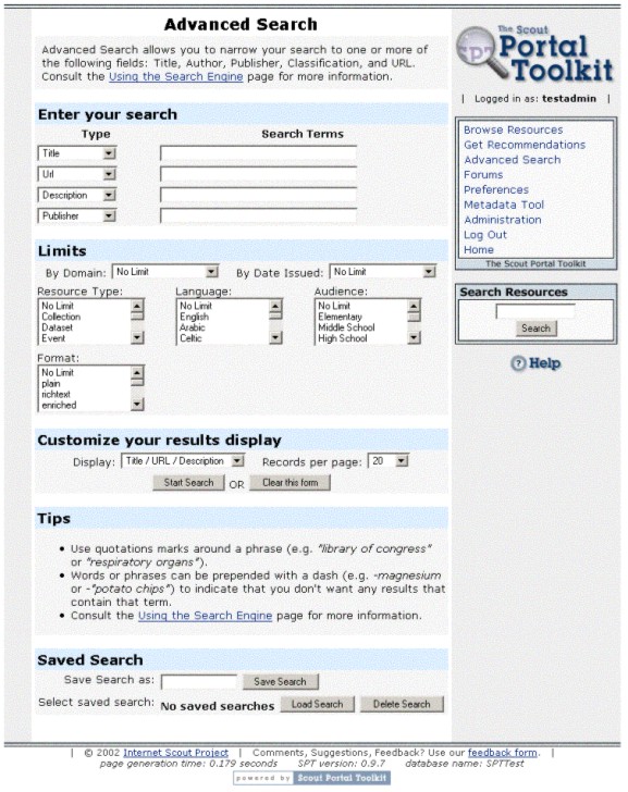 Screen shot of Advance Search page