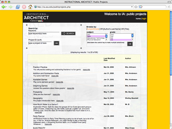 Screenshot of web page for browsing by subject area, grade level, author's last name, or project title