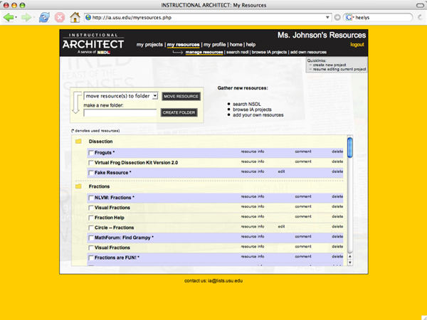 Screenshot of web page for organizing selected resources into folders